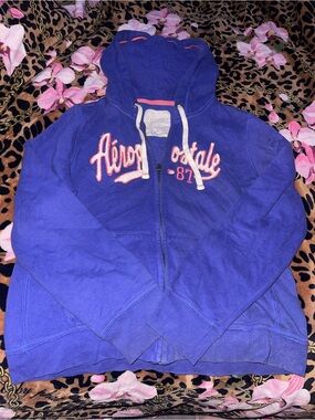 Aeropostale blue zip up hoodie pink & white logo in size large